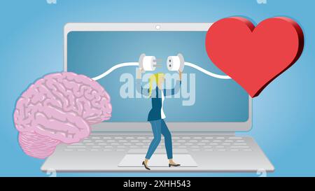 Woman connecting brain with heat in front of a laptop. Dimension 16:9. Vector illustration. Stock Vector