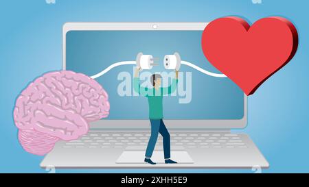 Man connecting brain with hearth in front of laptop. Dimension 16:9 Vector illustration. Stock Vector