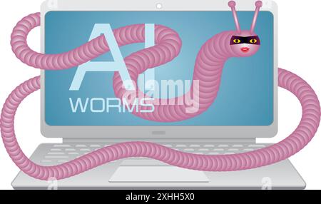 AI worm creeping around laptop. Isolated. Vector illustration. Stock Vector