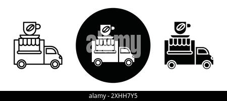 Coffee truck icon Black line art vector in black and white outline set collection sign Stock Vector