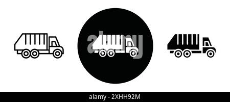 Garbage truck icon Black line art vector in black and white outline set collection sign Stock Vector