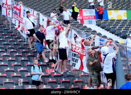 England fans puts up their flags inside the stadium before the UEFA ...