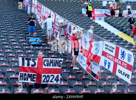 England fans puts up their flags inside the stadium before the UEFA ...