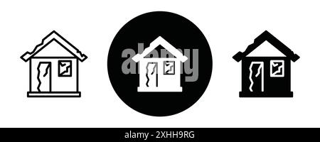 House damage icon Black line art vector in black and white outline set collection sign Stock Vector
