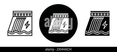 Hydroelectric power plant icon Black line art vector in black and white outline set collection sign Stock Vector