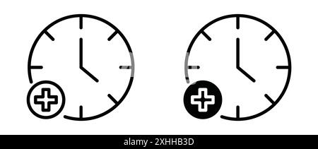 Plus hours icon Black line art vector in black and white outline set collection sign Stock Vector