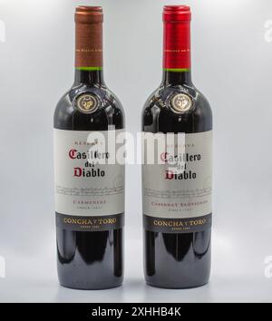 Kyiv, Ukraine - June 15, 2024: Studio shoot of Casillero del Diablo Cabernet Sauvignon and Carmenere by Concha y Toro Chilean red dry wine bottles clo Stock Photo