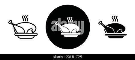 Roasted chicken turkey icon Black line art vector in black and white outline set collection sign Stock Vector