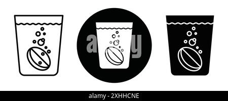 Soluble tablet icon Black line art vector in black and white outline set collection sign Stock Vector