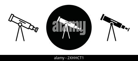 Telescope icon Black line art vector in black and white outline set collection sign Stock Vector