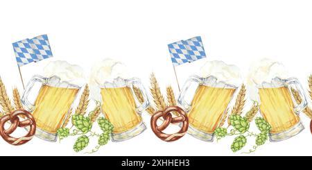 Beer mugs with foam, pretzels, hops, barley, and Bavarian flags banner clipart. Watercolor seamless border for creating Oktoberfest promotional materials, bar menus, and festive party invitations. Stock Photo