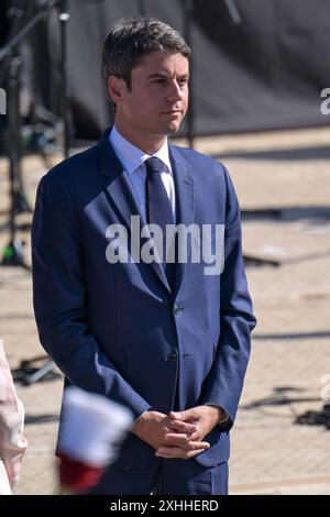 Paris, France. 14th July, 2024. French Prime Minister Gabriel Attal attends the ‘Bastille Day' celebration, and military parade, on avenue Foch, in Paris, France on July 14, 2024. Photo by Ammar Abd Rabbo/ABACAPRESS.COM Credit: Abaca Press/Alamy Live News Stock Photo