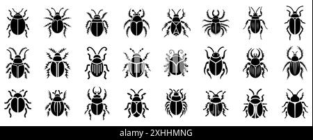 Beetle icons set. Set of simple black silhouettes of different beetles insects isolated on white background. Vector illustration Stock Vector