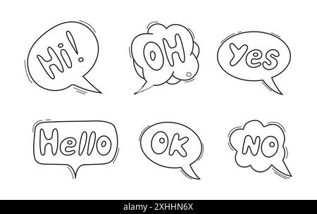 Set of bubble speech icons with words like no, ok, hello, and oh. These fun and whimsical SMS style bubbles Stock Vector