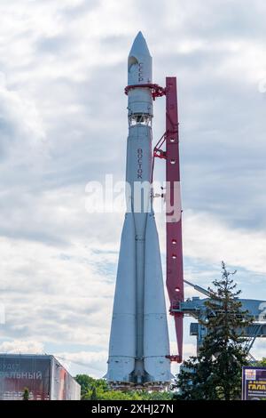 MOSCOW, RUSSIA - July 20, 2023: The copy of the Vostok rocket on which the first astronaut of Earth Yury Gagarin flew to space on April 12, 1961 Stock Photo