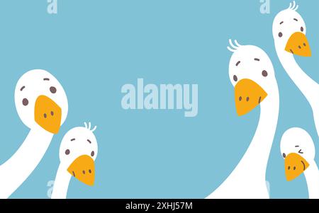 Cartoon goose background. Curious geese peeking, cute interesting characters. Farm birds looking front. Decorative animal nowaday vector banner Stock Vector