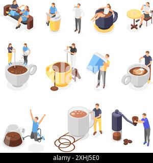 Isometric coffee scenes. People drink americano espresso latte and macchiato. Breakfast and lunch with friends, energy beverages flawless vector set Stock Vector