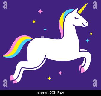 Cartoon white unicorn with rainbow sparkles on purple background. Stylish vector clip art illustration. Stock Vector