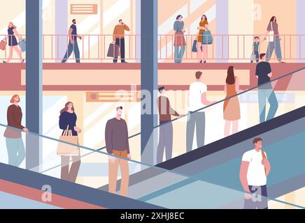 People on escalators in mall. Men women in shopping center, adults and children shop. Electric stairs moving up and down, kicky vector scene Stock Vector