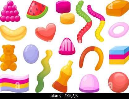 Cartoon jelly candies. Sweet chewy candy different shapes, heart bear watermelon slice banana worms. Gummy dessert for kids, neoteric vector set Stock Vector