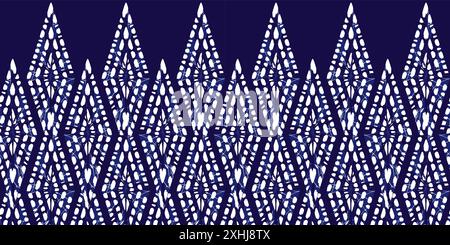 Vector blue shibori monochrome pointy vertical diamonds horizontal border pattern. Suitable for invitation cards and posters. Stock Vector