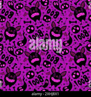 Halloween monsters animals seamless bat and ghost and skulls pattern Stock Photo