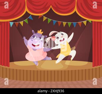 animals dancers. cartoon rabbit and hippo ballerina dancers on scene Stock Vector