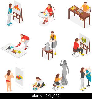 Isometric creative people. Men women drawing painting make sculptures and play construction kit. Flower planting hobby, flawless vector bundle Stock Vector