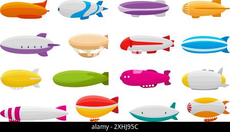 Dirigible cartoon. Vintage aircraft, dirigibles icons set. Colorful flying travel and adventures transport in old style. Airships neoteric vector Stock Vector