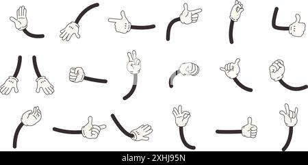 Cartoon comic hands in white gloves showing various gestures. Retro characters hand actions, signs of approval blow rock good idea, snugly vector set Stock Vector