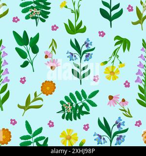 Medical plants seamless pattern. Healing plant, chamomile calendula daisy. Flowers branches with leaves, organic naturopathy neoteric vector Stock Vector