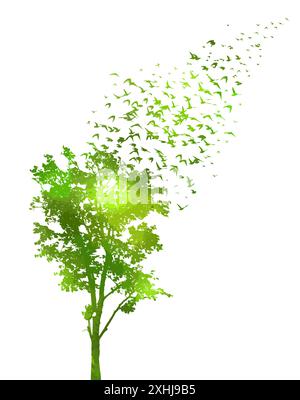 Tree green silhouette and flying birds. hand drawing. Not AI Vector Stock Vector