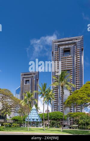 One Waterfront towers condominium complex in Honolulu, Oahu, Hawaii, USA. Stock Photo