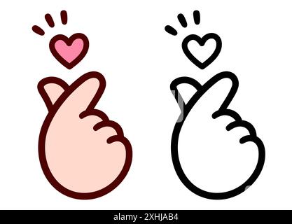 Kawaii Chibi style hand making finger heart gesture. Black and white line icon and color drawing. Cute cartoon vector clip art illustration. Stock Vector