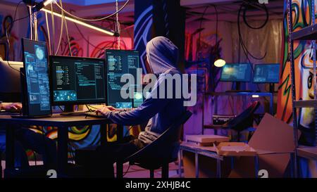 Hackers in secret bunker using phishing technique that tricks users into revealing sensitive information. Rogue programmers stealing passwords from low security systems using cyber attacks Stock Photo