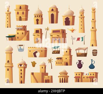 Islamic houses. Mosques columns towers arches urban traditional islamic architectural objects exact vector buildings isolated Stock Vector