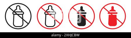Feeding bottle forbidden icon Black line art vector in black and white outline set collection sign Stock Vector