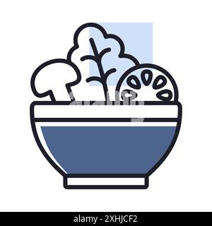 Salad bowl, green salad with tomato, mushrooms vector icon. Graph symbol for fitness and weight loss web site and apps design, logo, app, UI Stock Vector