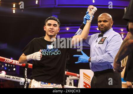 Art Barrera Jr. 13th July, 2024. has his hand raised after winning his Welterweight fight inside the Pearl Concert Theater at Palms Casino Resort in Las Vegas on July 13, 2024 in Las Vegas, NV. Christopher Trim/CSM/Alamy Live News Stock Photo