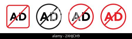 Ad blocker icon Black line art vector in black and white outline set collection sign Stock Vector