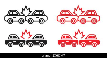 Car crash icon Black line art vector in black and white outline set collection sign Stock Vector