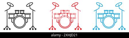 Drum set icon Black line art vector in black and white outline set collection sign Stock Vector