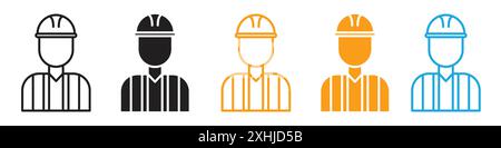 Worker icon Black line art vector in black and white outline set collection sign Stock Vector