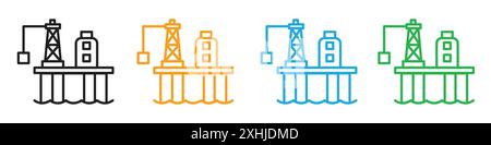 Oil platform icon Black line art vector in black and white outline set collection sign Stock Vector