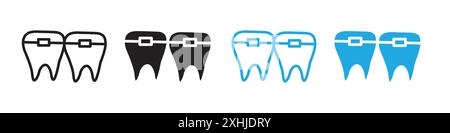 Teeth with braces icon Black line art vector in black and white outline set collection sign Stock Vector