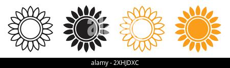 Sunflower icon Black line art vector in black and white outline set collection sign Stock Vector