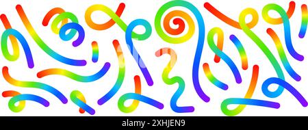 Set of rainbow colored curvy lines isolated on white background. Cool colorful squiggles, stripes, spirals and loops in spline style. Organic doodle figures with gradient effect. Vector illustration. Stock Vector
