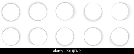 Set of round shadows. Circle soft overlay effect. Empty circular shades on floor or wall. Rounded shapes with dark gradient borders isolated on white background. Vector realistic illustration. Stock Vector