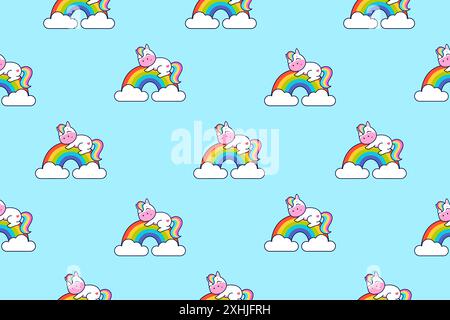 Cute unicorn sleeps on the rainbow. Seamless vector pattern. Stock Vector