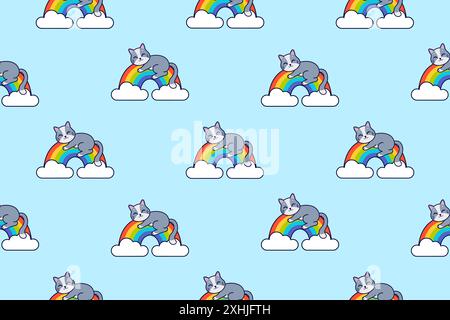 Cute cat sleeps on a rainbow. Seamless vector pattern. Stock Vector